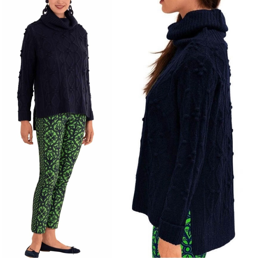 Gretchen Scott Dark Navy Knot Enough Textured‎ Side Slit Chunky Sweater Sz Small